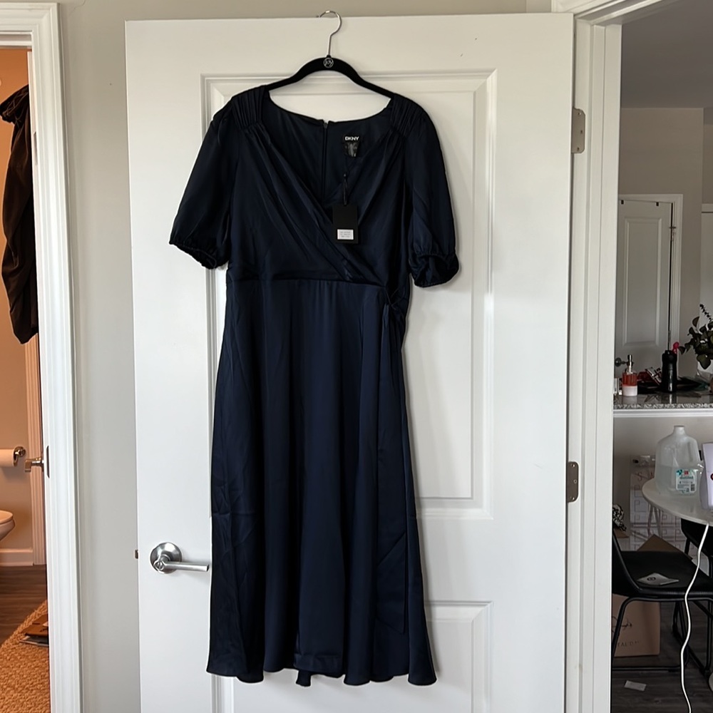 Navy DKNY Balloon sleeve midi dress